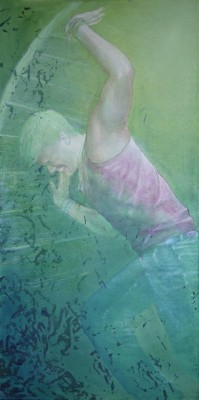 Gemälde in Mischtechnik eines Mannes in einem Hamsterrad,
       Illustration des Lok auf zwei Beinen von von Peter Fox